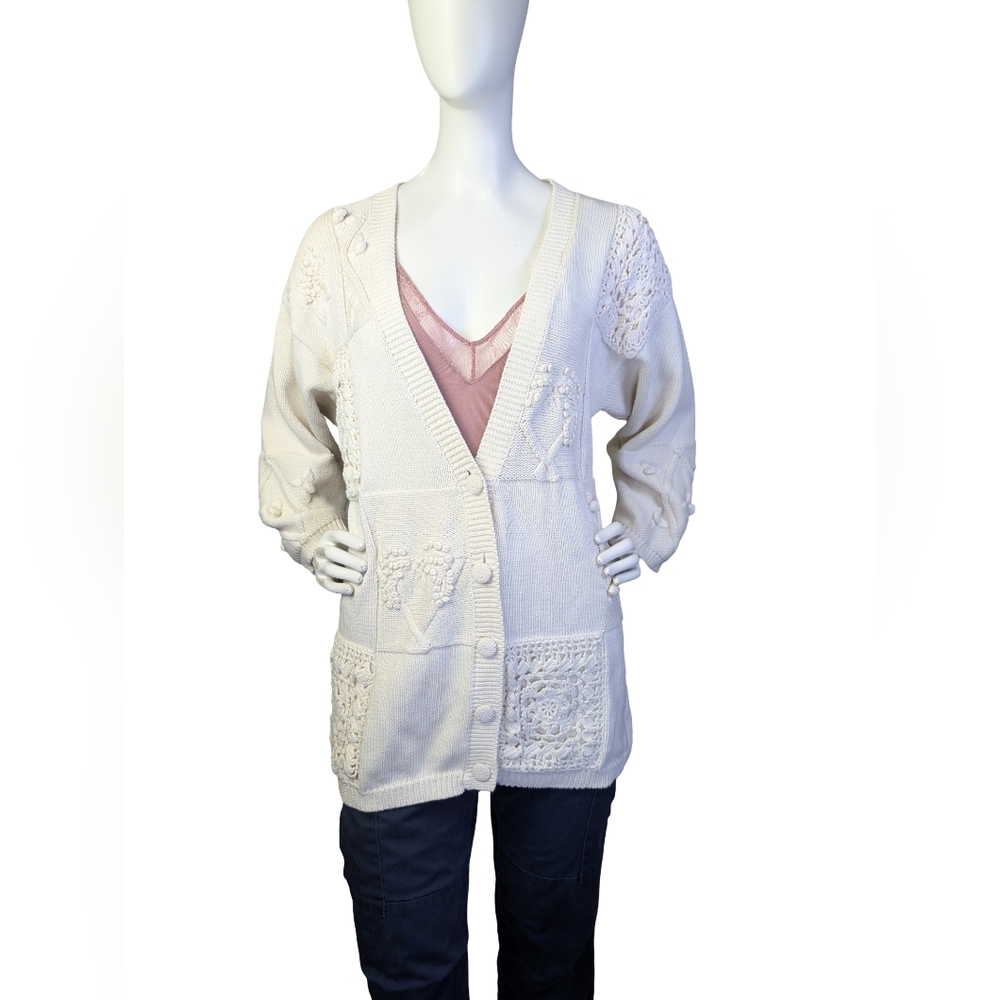 Cottagecore Grandma Chic Chunky Knit Cardigan,Crocheted Granny Squares, L/XL